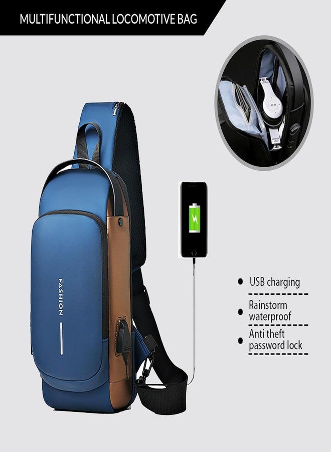 OTIPORTER Sling Bag Crossbody Shoulder Bag for Men Women, Chest Crossbody bags with USB Charging Port, Waterproof Small Backpack for Outdoor Hiking Running Sport (Blue And brown) - Image 2